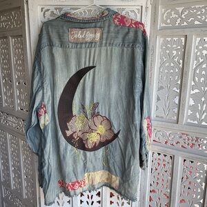 Embroidered Denim Jacket with Floral and Moon Design